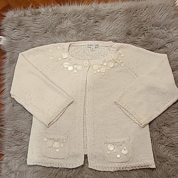 Coldwater creek womens cotton blend white cardigan with beaded collar - Picture 1 of 7